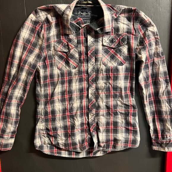 Buffalo David Bitton Men LG Long‎ Sleeve Red Gray Casual Button-Down Shirt (GS1) - Picture 3 of 5